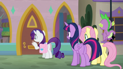 Size: 1920x1080 | Tagged: safe, screencap, fluttershy, rarity, spike, twilight sparkle, alicorn, dragon, pony, g4, the ending of the end, bag, butt, plot, saddle bag, twilight sparkle (alicorn), winged spike, wings