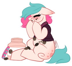 Size: 544x496 | Tagged: safe, artist:inspiredpixels, oc, oc only, oc:wyrenth knute, pony, chibi, cookie, cookie jar, female, food, mare, simple background, solo, transparent background