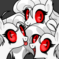 Size: 4000x4000 | Tagged: safe, artist:bonpikabon, demon, demon pony, earth pony, original species, pony, :p, black background, cerberus (helltaker), colored sclera, crossover, female, helltaker, mare, mlem, open mouth, ponified, red eyes, silly, simple background, slit pupils, smiling, tongue out, trio