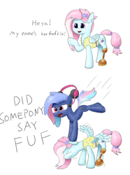 Size: 4557x6115 | Tagged: safe, artist:sheeppony, kerfuffle, oc, oc:bit rate, earth pony, pegasus, pony, g4, 2 panel comic, absurd resolution, comic, dialogue, duo, earth pony oc, fuf, oof, raised hoof, simple background, white background