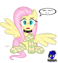 Size: 3840x4154 | Tagged: safe, artist:damlanil, fluttershy, pegasus, pony, g4, blushing, clothes, collar, cute, cutie mark accessory, cutie mark collar, embarrassed, female, front view, latex, makeup, mare, mouth hold, raised hoof, rubber, shiny, shiny mane, show accurate, shyabetes, simple background, sitting, smiling, socks, solo, striped socks, transparent background, vector, wings