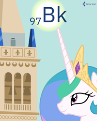 Size: 4000x5000 | Tagged: safe, artist:parclytaxel, princess celestia, alicorn, pony, series:joycall6's periodic table, g4, .svg available, absurd resolution, berkelium, bust, chemistry, crown, female, jewelry, looking up, mare, periodic table, portrait, regalia, sather tower, sky, smiling, solo, sun, uc berkeley, university, vector
