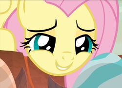 Size: 1293x936 | Tagged: safe, screencap, fluttershy, pegasus, pony, g4, sweet and smoky, close-up, cropped, cute, female, lidded eyes, shyabetes, smiling, solo