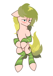Size: 1250x1800 | Tagged: safe, artist:wellory, oc, oc only, oc:pickle jar, earth pony, pony, blushing, clothes, cute, female, simple background, socks, solo, striped socks, white background