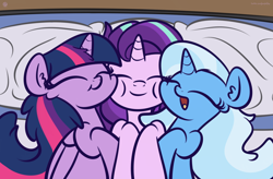 Size: 3900x2560 | Tagged: dead source, safe, artist:php142, starlight glimmer, trixie, twilight sparkle, alicorn, pony, unicorn, g4, bed, blanket, commission, cute, diatrixes, eyes closed, female, glimmerbetes, high res, hug, mare, nuzzling, open mouth, pillow, twiabetes, twilight sparkle (alicorn)