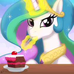Size: 2048x2048 | Tagged: safe, artist:whitequartztheartist, princess celestia, alicorn, pony, g4, cake, cakelestia, crown, cute, cutelestia, diamond, eating, female, food, glowing horn, high res, horn, jewelry, looking at you, magic, mare, regalia, solo, table, that pony sure does love cakes, wings