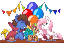 Size: 5760x3908 | Tagged: safe, artist:virtualkidavenue, oc, oc only, oc:bizarre song, oc:sugar morning, pegasus, pony, balloon, birthday, cake, cape, clothes, couple, duo, eating, food, gift art, happy, pie, pizza, present, simple background, transparent background