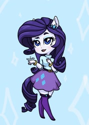 Size: 1311x1840 | Tagged: safe, artist:ameliacostanza, rarity, equestria girls, g4, blue background, bracelet, clothes, cute, female, jewelry, lipstick, ponied up, raribetes, sassy, simple background, skirt, solo