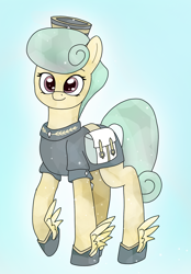 Size: 1500x2160 | Tagged: safe, artist:astralr, golden hooves (g4), crystal pony, earth pony, pony, g4, bag, cute, female, hat, mare, raised hoof, saddle bag, solo