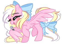 Size: 2869x2048 | Tagged: safe, artist:emberslament, oc, oc only, oc:bay breeze, pegasus, pony, blushing, bow, cute, dancing, eyes closed, female, hair bow, high res, mare, microphone, ocbetes, simple background, singing, solo, tail bow, thick eyelashes, transparent background, wing hands, wings