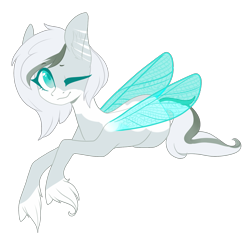 Size: 1749x1681 | Tagged: safe, artist:helemaranth, oc, oc only, pony, butterfly wings, hoof fluff, one eye closed, simple background, smiling, solo, transparent background, wings, wink
