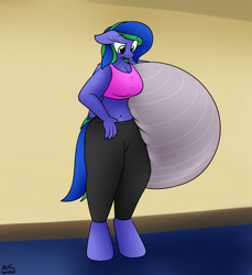 Size: 2022x2210 | Tagged: safe, artist:the-furry-railfan, oc, oc only, oc:felicity stars, pegasus, anthro, unguligrade anthro, clothes, confused, exercise ball, high res, indoors, pants, this will end in balloons, yoga, yoga pants