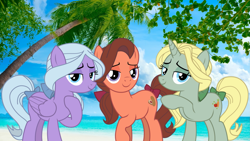 Size: 2063x1161 | Tagged: safe, artist:not-yet-a-brony, artist:sonofaskywalker, dear darling, fond feather, swoon song, earth pony, pegasus, pony, unicorn, g4, 3lw, beach, beautiful, bimbettes, female, group, lyrics in the description, mare, ocean, palm tree, pretty, singing, song reference, summer, tree, trio, tropical, youtube link, youtube link in the description