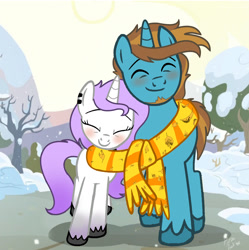 Size: 1392x1396 | Tagged: safe, artist:pizza lord, edit, edited screencap, screencap, oc, oc only, oc:drizzle dots, oc:julie, pony, unicorn, g4, the perfect pear, clothes, couple, redraw, scarf, shared clothing, shared scarf, shipping, snow, winter