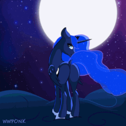 Size: 900x900 | Tagged: safe, artist:wildviolet-m, princess luna, alicorn, pony, g4, animated, blinking, butt, dock, featureless crotch, female, full moon, gif, looking at you, looking back, looking back at you, mare, moon, moonbutt, night, plot, praise the moon, solo, spread wings, stars, windswept mane, wings