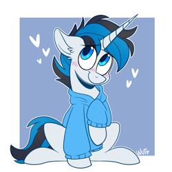 Size: 2048x2048 | Tagged: safe, artist:wutanimations, oc, oc:solar gizmo, pony, unicorn, blushing, clothes, cute, high res, hoodie, male, smiling, solo, stallion
