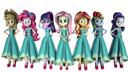 Size: 3840x2160 | Tagged: safe, artist:fazbearsparkle, applejack, fluttershy, pinkie pie, rainbow dash, rarity, sci-twi, sunset shimmer, twilight sparkle, equestria girls, g4, my little pony equestria girls: better together, 3d, clothes, clothes swap, dress, female, high res, humane five, humane seven, humane six, long skirt, looking at you, simple background, skirt, source filmmaker