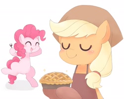Size: 2048x1643 | Tagged: dead source, safe, artist:ginmaruxx, applejack, pinkie pie, earth pony, pony, g4, apron, bipedal, clothes, cute, diapinkes, duo, eyes closed, female, food, fork, headscarf, hoof hold, jackabetes, mare, open mouth, oven mitts, pie, scarf, simple background, smiling, white background