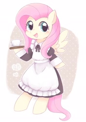 Size: 1453x2048 | Tagged: dead source, safe, artist:ginmaruxx, fluttershy, pegasus, pony, semi-anthro, g4, arm hooves, bipedal, blushing, clothes, coaster, cup, cute, daaaaaaaaaaaw, dress, female, fluttermaid, happy, looking at you, maid, mare, open mouth, shyabetes, solo, teacup, weapons-grade cute