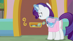 Size: 1920x1080 | Tagged: safe, screencap, rarity, pony, g4, the ending of the end, bag, bits, butt, female, mail slot, mare, plot, saddle bag, solo