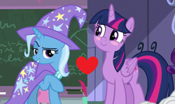 Size: 901x538 | Tagged: safe, edit, edited screencap, screencap, trixie, twilight sparkle, alicorn, pony, a horse shoe-in, g4, the ending of the end, blushing, female, lesbian, ship:twixie, shipping, shipping domino, twilight sparkle (alicorn)