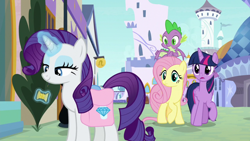 Size: 1920x1080 | Tagged: safe, screencap, fluttershy, rarity, spike, twilight sparkle, alicorn, dragon, pony, g4, the ending of the end, bag, saddle bag, thread, twilight sparkle (alicorn), winged spike, wings