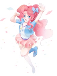 Size: 768x1024 | Tagged: safe, alternate version, artist:yuan-rino, pinkie pie, human, equestria girls, g4, alternate hairstyle, bow, clothes, confetti, cute, diapinkes, female, hair bow, human coloration, humanized, open mouth, ponytail, simple background, skirt, solo, white background