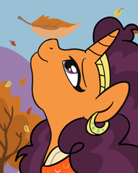Size: 1536x1928 | Tagged: safe, artist:sjart117, saffron masala, pony, unicorn, g4, autumn, bandage, clothes, ear piercing, earring, female, headband, jewelry, leaf, leaves, looking up, mare, mountain, piercing, sky, smiling, solo, tree