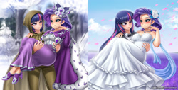 Size: 2377x1204 | Tagged: safe, artist:racoonsan, clover the clever, princess platinum, rarity, twilight sparkle, human, alternate hairstyle, blushing, bowtie, breasts, bridal carry, cape, carrying, clothes, coat, crown, dress, ear piercing, earring, eyeshadow, female, flower, flower in hair, high heels, hood, humanized, jewelry, lesbian, lesbian wedding, makeup, marriage, nail polish, necklace, piercing, platiclover, rarilight, regalia, robe, rope, rose petals, shipping, shirt, shoes, snow, suit, tree, tuxedo, wedding, wedding dress