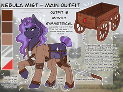 Size: 1366x1024 | Tagged: safe, artist:sursiq, oc, oc only, oc:nebula mist, pony, unicorn, fallout equestria, cart, fallout equestria oc, gem, hunting knife, knife, multicolored hair, multicolored mane, multicolored tail, outfit, pink eyes, pulling cart, reference sheet, solo, tail bun