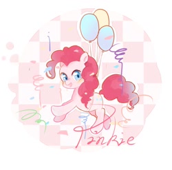 Size: 924x914 | Tagged: safe, artist:yuan-rino, pinkie pie, earth pony, pony, g4, balloon, confetti, cute, diapinkes, female, floating, looking at you, mare, open mouth, solo, then watch her balloons lift her up to the sky