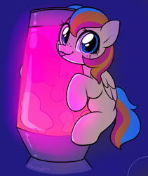 Size: 612x724 | Tagged: safe, artist:moozua, oc, oc only, oc:golden gates, pegasus, pony, babscon, babscon mascots, lava lamp, looking at you, silly, simple background, solo, tongue out