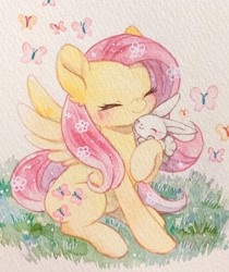 Size: 1718x2048 | Tagged: safe, artist:kemaaari, artist:kemari12011, angel bunny, fluttershy, butterfly, pegasus, pony, rabbit, g4, angelbetes, animal, blushing, cute, duo, ear fluff, eyes closed, female, hug, mare, shyabetes, sitting, smiling, traditional art, watercolor painting, weapons-grade cute
