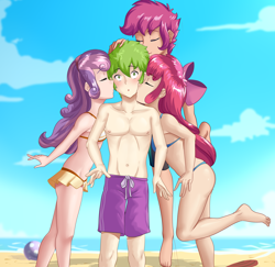 Size: 3606x3500 | Tagged: safe, alternate version, artist:thebrokencog, apple bloom, scootaloo, spike, sweetie belle, human, g4, anime, barefoot, beach, bikini, blushing, cheek kiss, clothes, commission, crusadespike, cutie mark crusaders, feet, female, high res, humanized, kiss sandwich, kissing, lucky bastard, male, sand, ship:scootaspike, ship:spikebelle, ship:spikebloom, shipping, shorts, spike gets all the mares, straight, surprise kiss, swimsuit, water