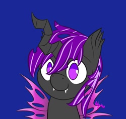Size: 1261x1195 | Tagged: safe, artist:inkynotebook, part of a set, oc, oc only, changeling queen, pony, blue background, bust, changeling queen oc, commission, purple changeling, simple background, smiling, solo, ych result