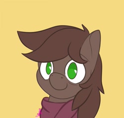 Size: 1261x1195 | Tagged: safe, artist:inkynotebook, part of a set, oc, oc only, oc:brewer, oc:noble brew, earth pony, pony, bust, clothes, commission, earth pony oc, scarf, signature, simple background, smiling, solo, ych result, yellow background