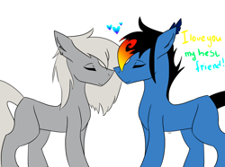 Size: 3000x2227 | Tagged: safe, artist:toptian, oc, oc only, earth pony, pony, ear piercing, earring, earth pony oc, eyes closed, floppy ears, gay, heart, high res, jewelry, male, nuzzling, piercing, raised tail, simple background, smiling, stallion, tail, talking, white background