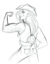 Size: 594x768 | Tagged: safe, artist:korppipoika, applejack, human, g4, clothes, female, flexing, hat, humanized, lineart, monochrome, muscles, pants, smiling, solo