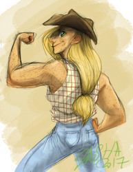 Size: 594x768 | Tagged: safe, alternate version, artist:korppipoika, applejack, human, g4, clothes, colored, female, flexing, freckles, hat, humanized, muscles, pants, signature, smiling, solo