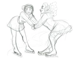 Size: 924x744 | Tagged: safe, artist:korppipoika, pinkie pie, twilight sparkle, human, g4, clothes, duo, female, holding hands, humanized, ice skating, lineart, monochrome, skirt, smiling