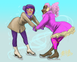 Size: 924x744 | Tagged: safe, alternate version, artist:korppipoika, pinkie pie, twilight sparkle, human, g4, clothes, colored, dark skin, duo, female, holding hands, humanized, ice skating, signature, skirt, smiling