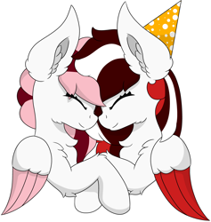 Size: 4640x4891 | Tagged: safe, artist:skylarpalette, oc, oc only, oc:peppermint, oc:toricelli, pegasus, pony, birthday, cheek fluff, chest fluff, duo, ear fluff, female, happy, hat, mare, nuzzling, party hat, pegasus oc, simple background, simple shading, transparent background, white fur, wings