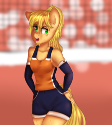 Size: 2700x3000 | Tagged: safe, artist:ranillopa, applejack, earth pony, anthro, g4, alternate hairstyle, breasts, freckles, hand on hip, high res, open mouth, sweat