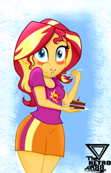Size: 1990x3084 | Tagged: safe, artist:theretroart88, sunset shimmer, equestria girls, blushing, breasts, cake, caught, clothes, cute, dessert, eating, female, food, high res, messy eating, plate, shimmerbetes, shirt, skirt, solo, spoon