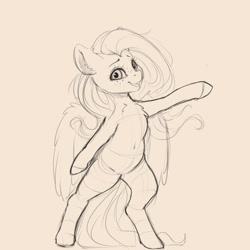 Size: 4000x4000 | Tagged: safe, artist:miokomata, fluttershy, pegasus, semi-anthro, g4, arm hooves, belly button, bipedal, chest fluff, female, freckles, freckleshy, mare, monochrome, simple background, sketch