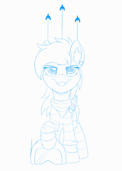 Size: 2132x3000 | Tagged: safe, artist:arcane-thunder, oc, oc only, oc:superluminal, pegasus, pony, bandana, clothes, ear fluff, ear piercing, earring, female, grin, helmet, high res, jewelry, mare, monochrome, piercing, simple background, sketch, smiling, socks, spaceship, squadron, striped socks, striped sweater, sweater, white background