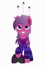 Size: 2132x3000 | Tagged: safe, artist:arcane-thunder, color edit, edit, oc, oc only, oc:superluminal, pegasus, pony, bandana, clothes, colored, colored wings, ear fluff, ear piercing, earring, eyeshadow, female, gradient mane, gradient wings, grin, helmet, high res, jewelry, makeup, mare, piercing, raised hoof, simple background, smiling, socks, solo, spaceship, squadron, striped socks, striped sweater, sweater, white background, wings