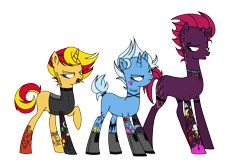 Size: 6000x4000 | Tagged: safe, artist:bonpikabon, artist:icicle-niceicle-1517, color edit, edit, fizzlepop berrytwist, sunset shimmer, tempest shadow, trixie, pony, unicorn, g4, 666, bedroom eyes, boots, broken horn, choker, clothes, cloud, collaboration, collar, colored, ear piercing, earring, eyebrow piercing, female, fishnet stockings, flower, grin, hairclip, heart, heartbreak, horn, jacket, jewelry, leather jacket, lip piercing, looking at each other, mare, missing cutie mark, open mouth, piercing, punk, raised hoof, rose, scar, shoes, simple background, sleeveless, smiling, stockings, tail wrap, tattoo, thigh highs, thunder, transparent background, trio
