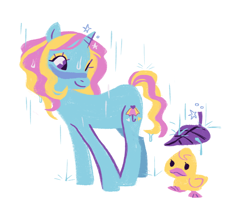 Size: 742x640 | Tagged: safe, artist:lunaisooon, dewdrop dazzle, bird, duck, pony, unicorn, g4, duo, female, leaf, looking back, mare, rain, simple background, smiling, white background