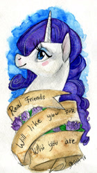 Size: 1073x1920 | Tagged: safe, artist:korppipoika, rarity, pony, unicorn, g4, abstract background, female, ribbon, solo, text, traditional art, watercolor painting